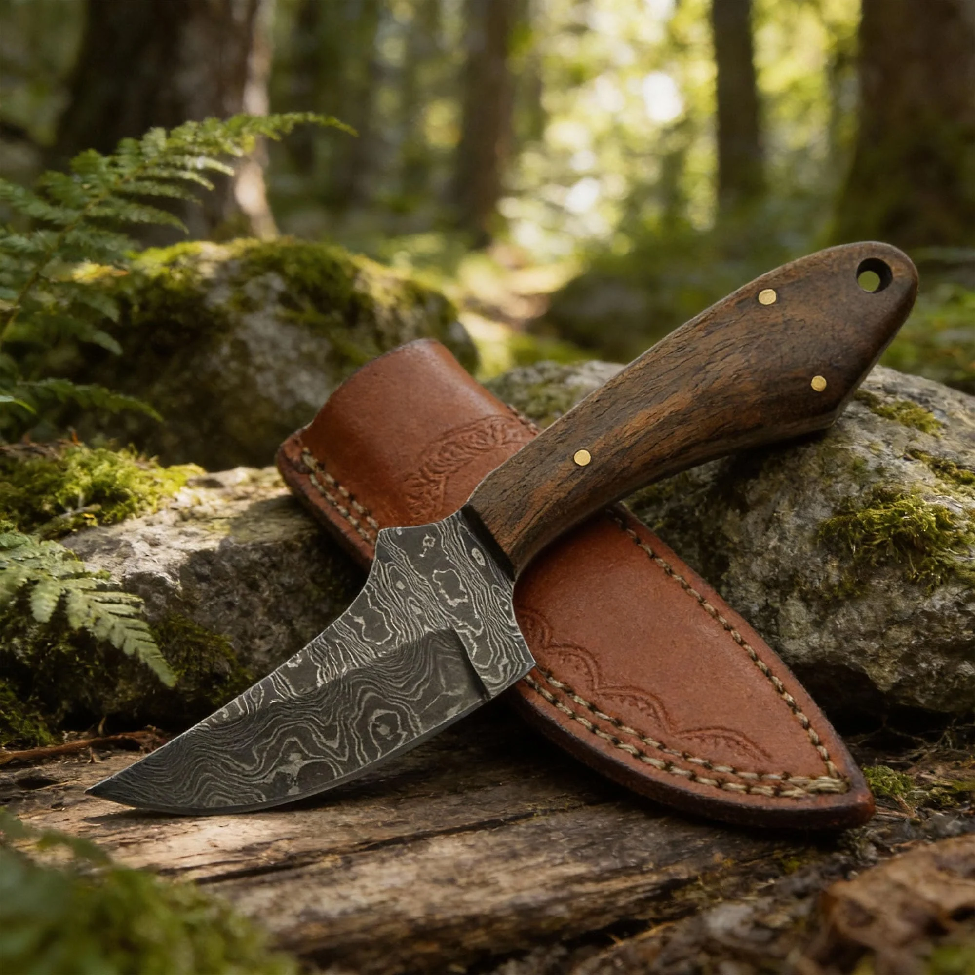 Double D Sanz Walnut Rhino Damascus Bowie Fixed Blade Knife - Image 4