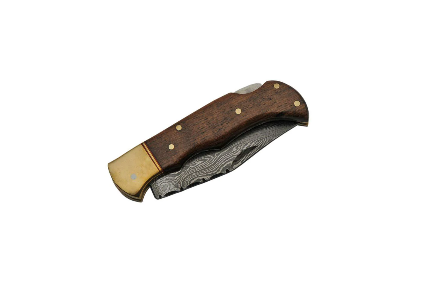 Double D Damascus Brown Wood Handle Lock Back Pocket Knife - Image 4
