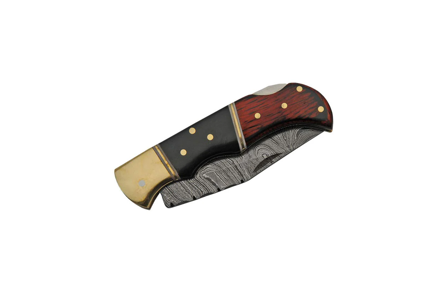 Double D Damascus Brown Black Wood Horn Handle Folding Pocket Knife - Image 2