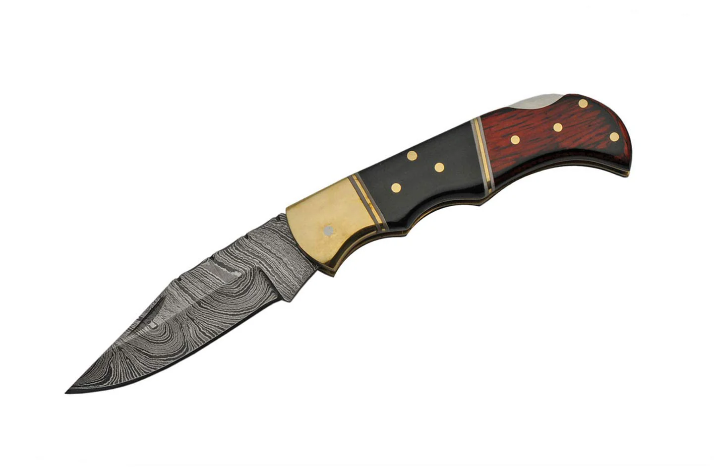 Double D Damascus Brown Black Wood Horn Handle Folding Pocket Knife - Image 4