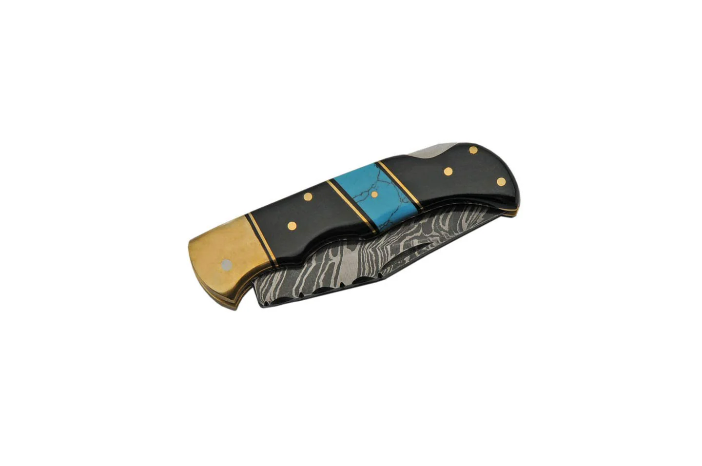 Damascus Hunting Turquoise Horn Handle Folding Knife - Image 3