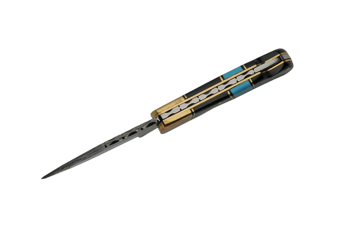 Damascus Hunting Turquoise Horn Handle Folding Knife - Image 4