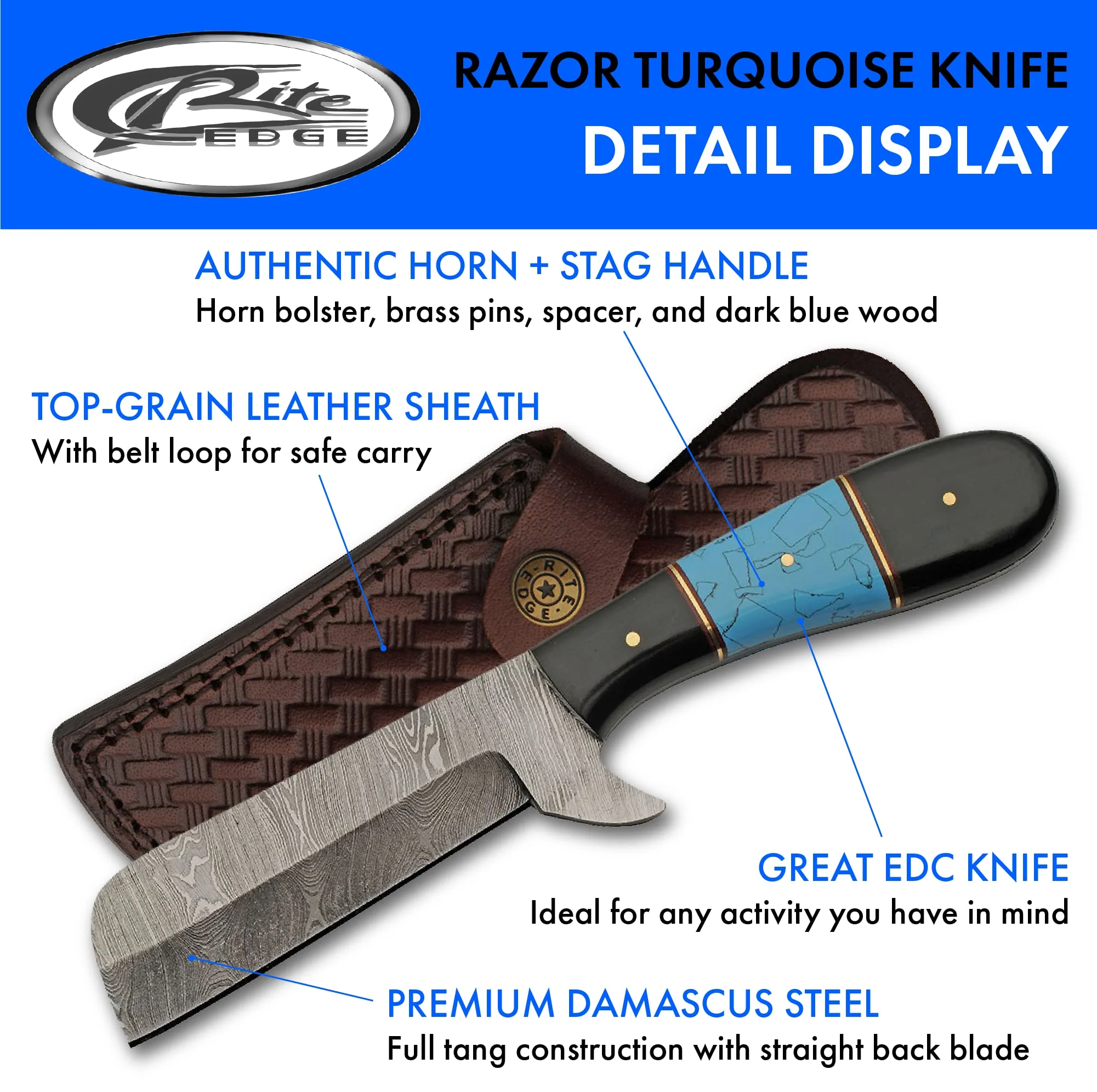 Double D Mini Cleaver Style Turquoise Hunting Knife - Image 2