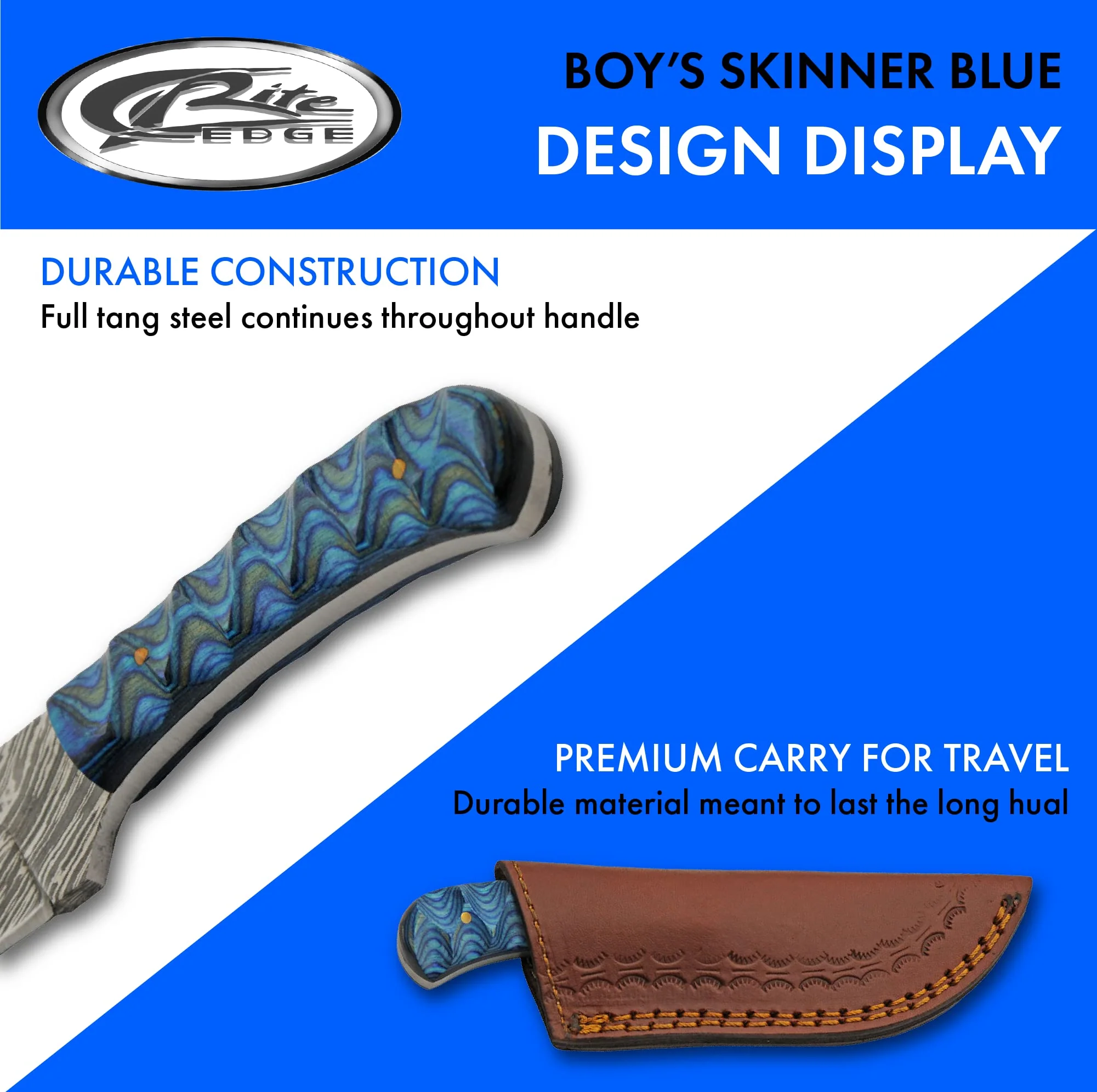 Double D Hunting Sanz Sapphire Damascus Grooved Wood Handle Full Tang Skinner Knife - Image 2