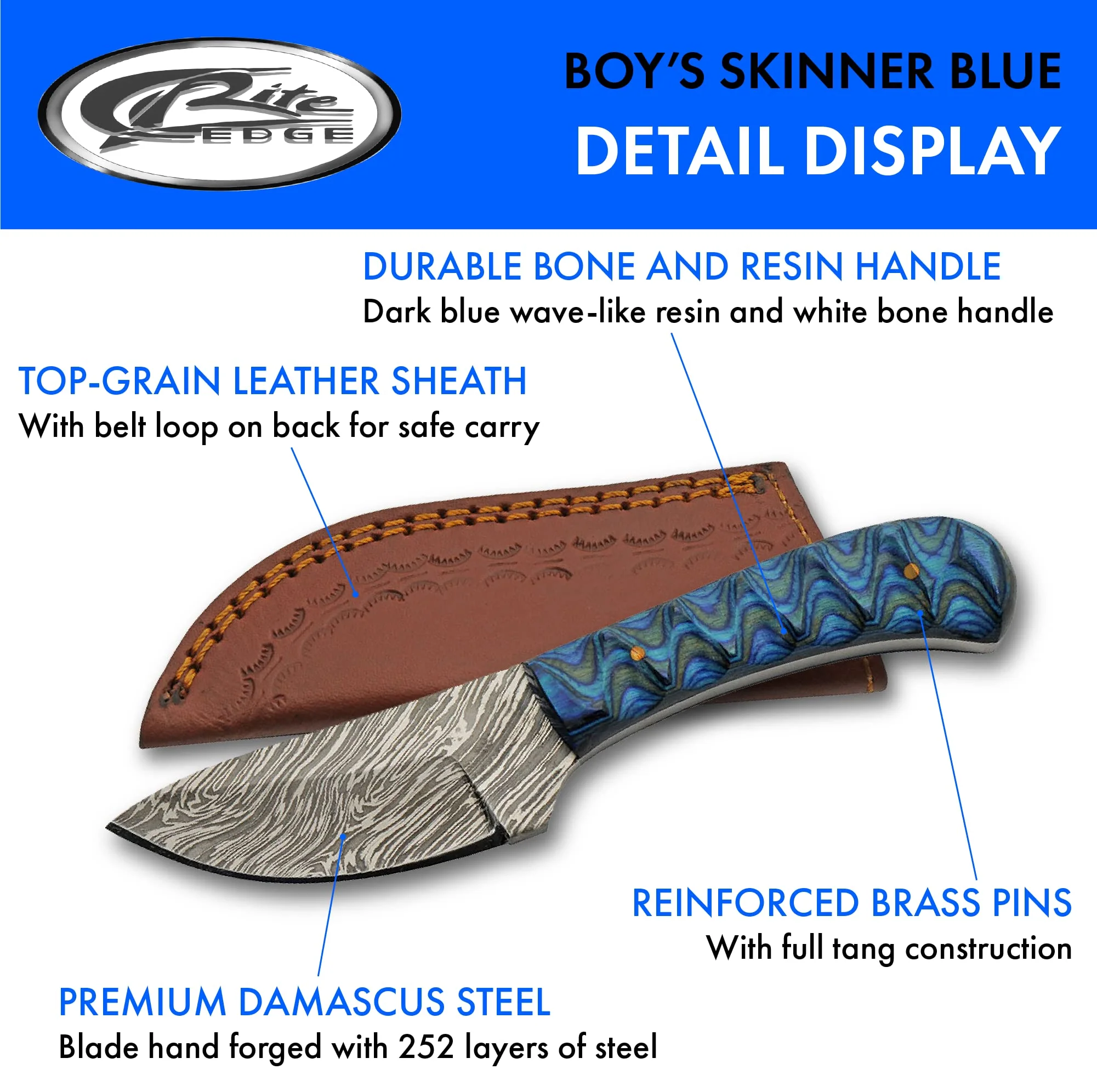 Double D Hunting Sanz Sapphire Damascus Grooved Wood Handle Full Tang Skinner Knife - Image 4