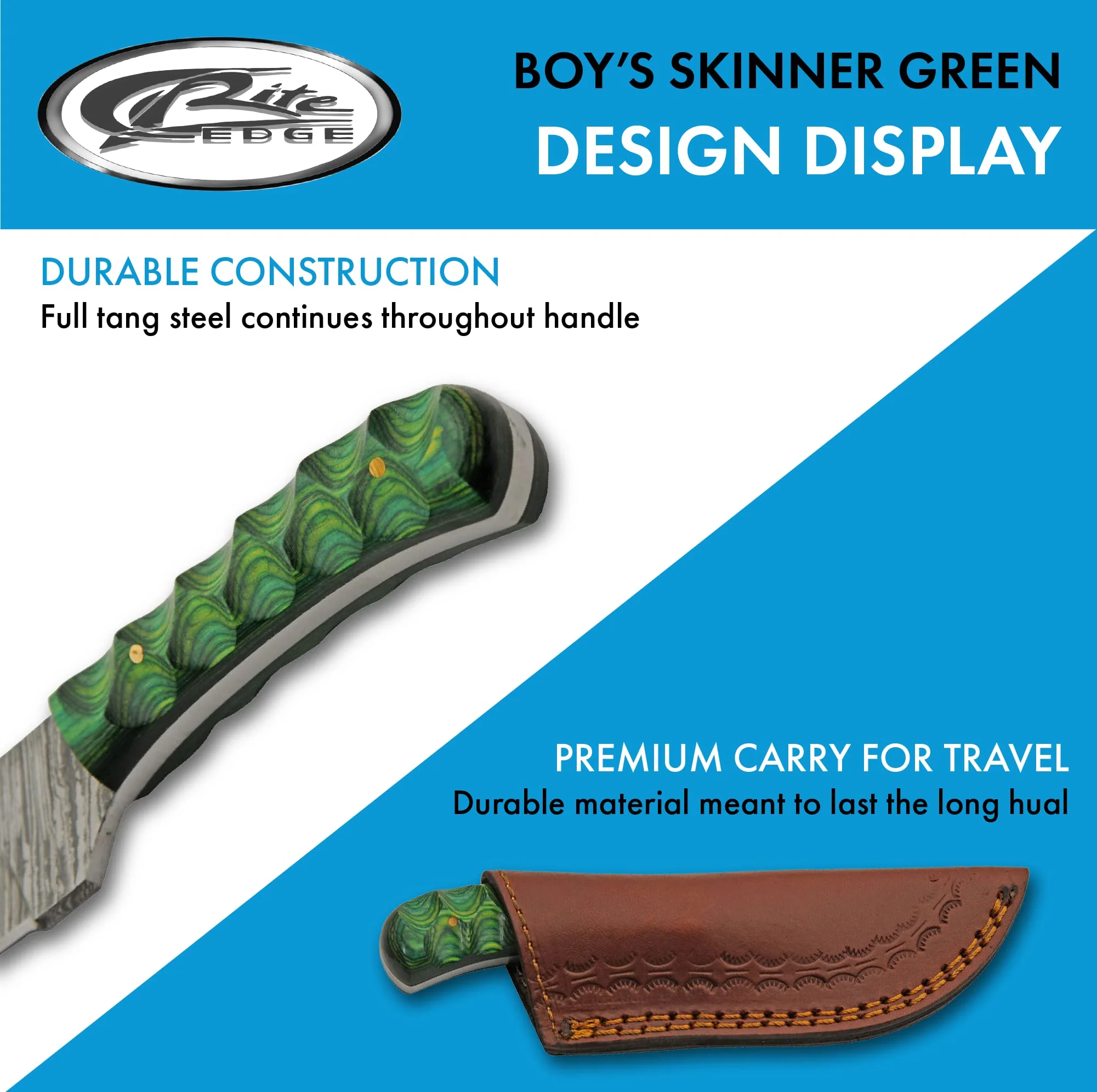 Double D Hunting Sanz Green Damascus Grooved Wood Handle Skinner Knife - Image 3