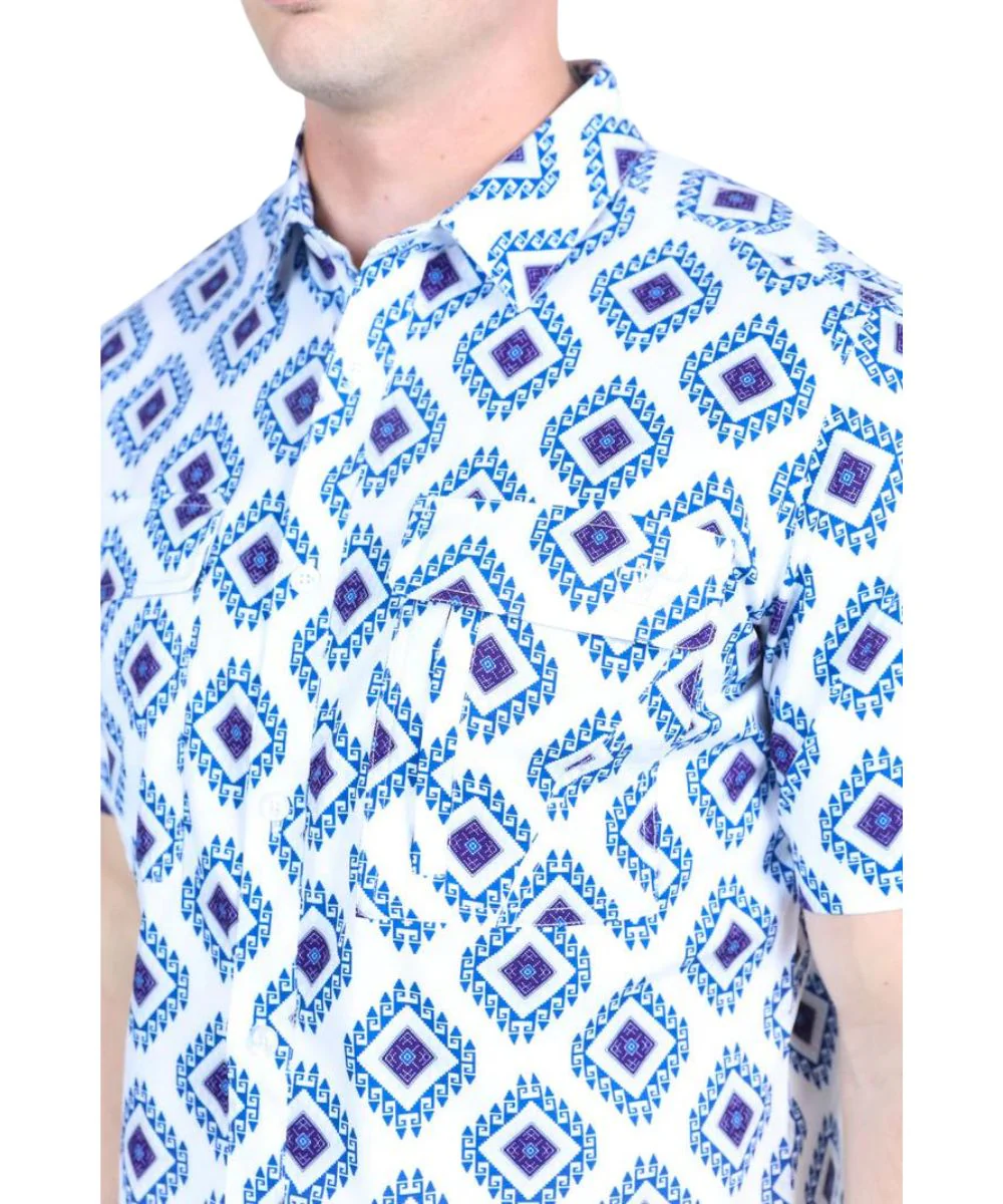 Platini Men's White And Blue Print Performance Button Down Shirt - Image 3