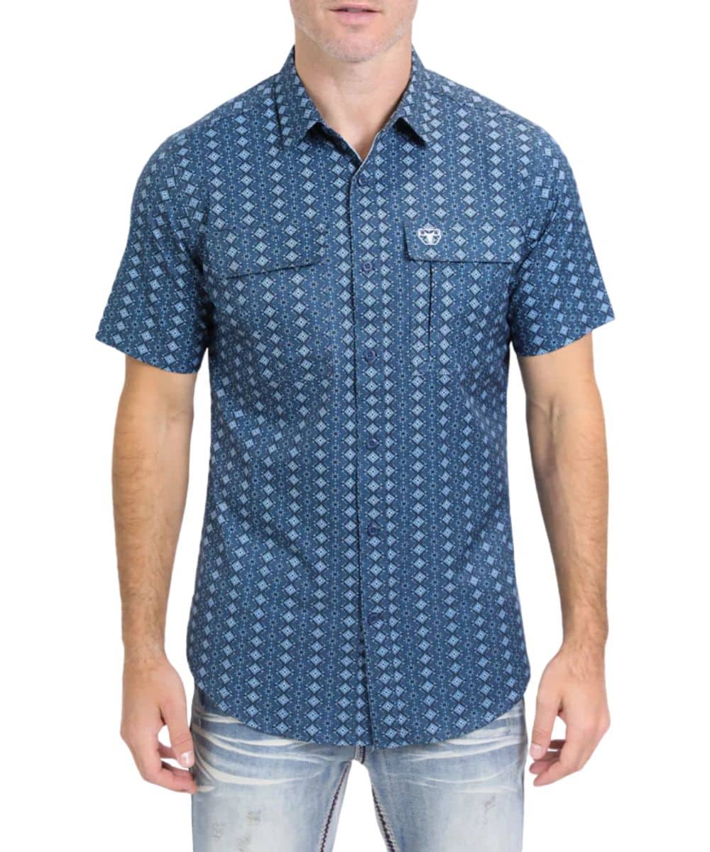 Platini Men's Navy Print Performance Button Down Shirt