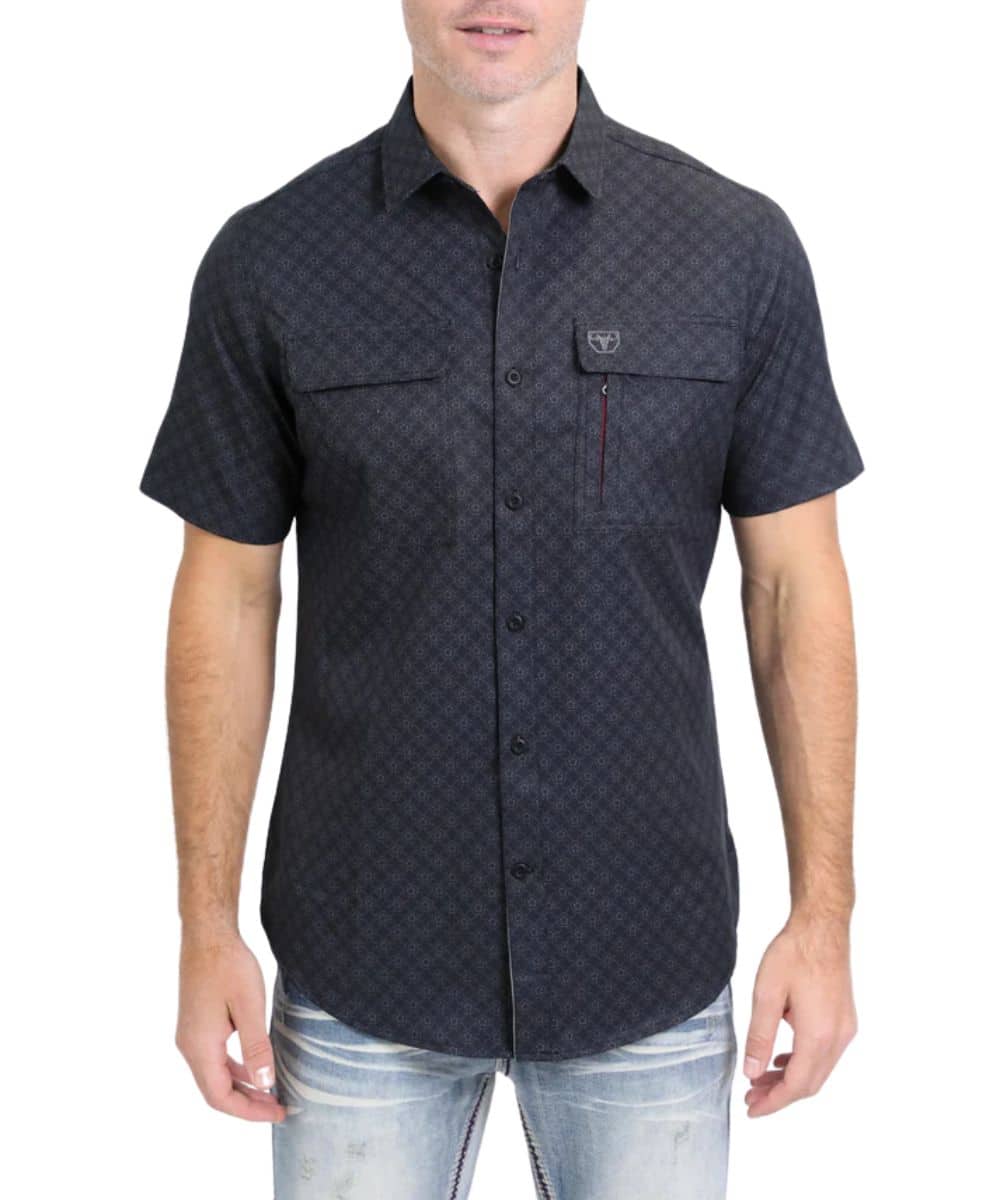 Platini Men's Black Print Performance Button Down Shirt