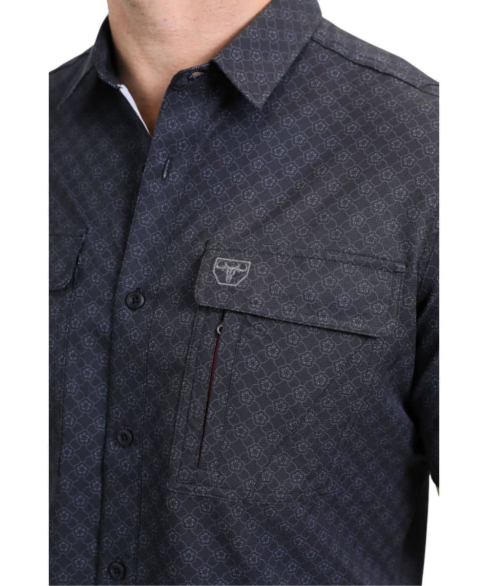 Platini Men's Black Print Performance Button Down Shirt - Image 3